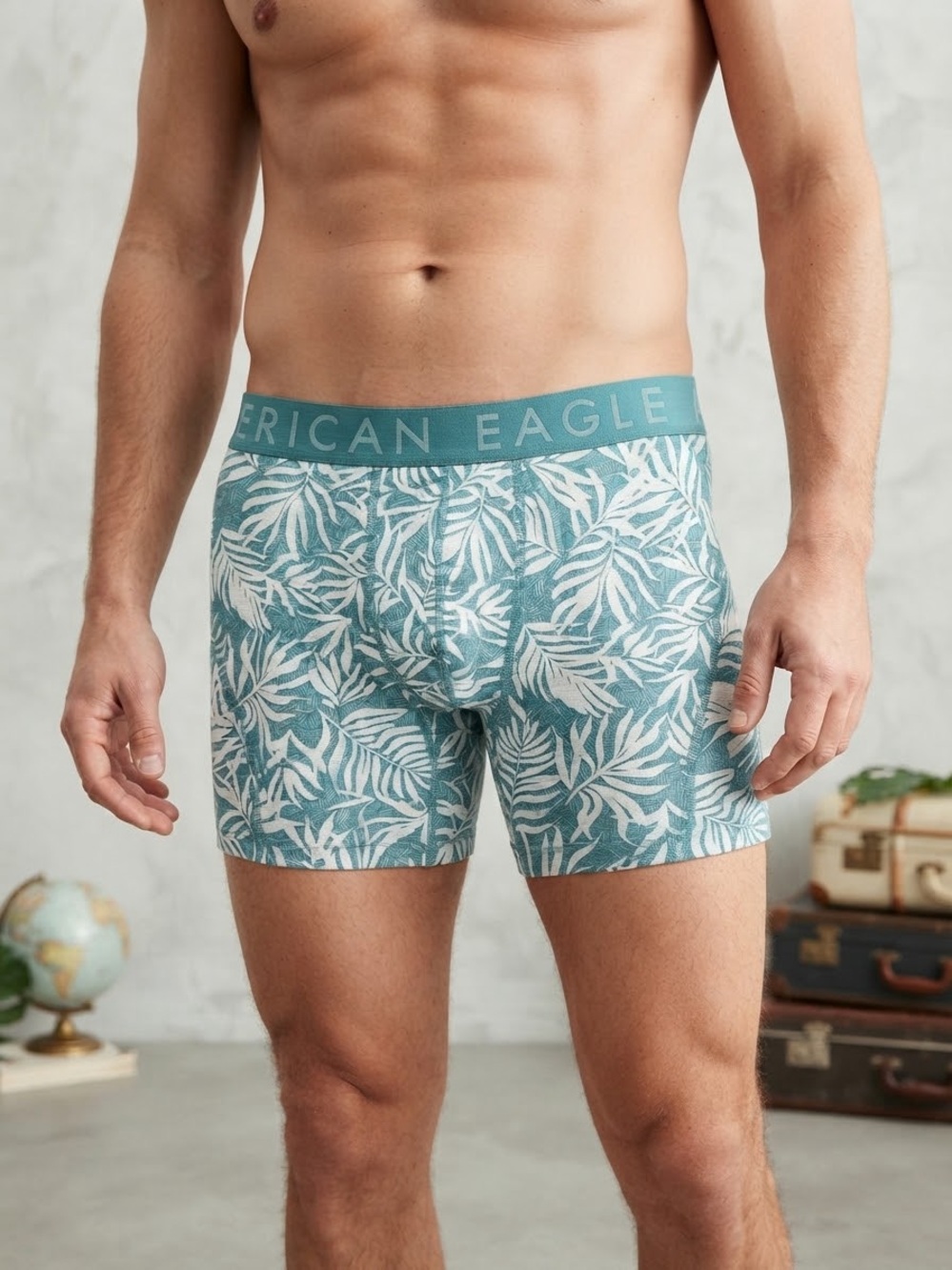 American Eagle Outfitters Teal and White Leaf-Print Boxer Briefs